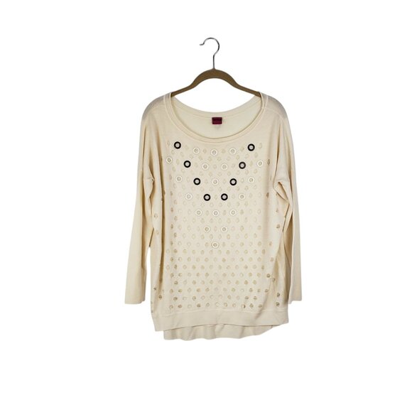 Save the Queen Merino Wool Sweater Sheer Grommet Ivory Drop Shoulder Size Small - Picture 1 of 10